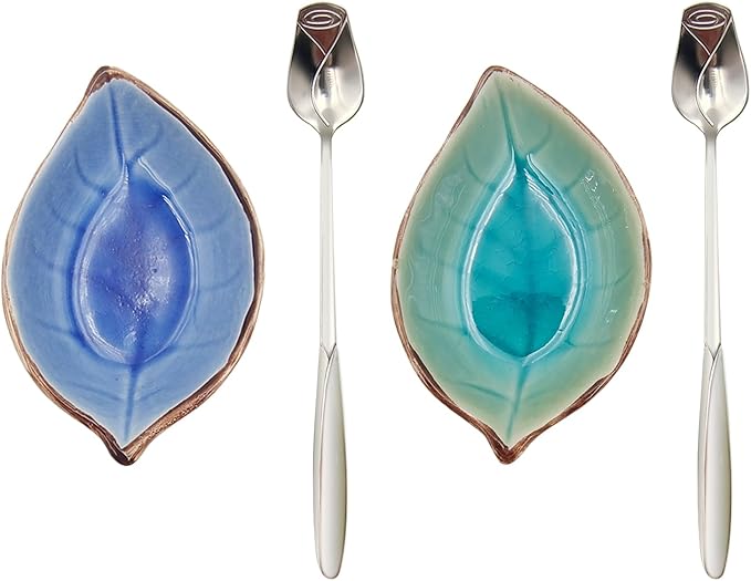 2 Pack Coffee Spoon and Leaf Rest Set, Ice Cracks Leaf Ladle Holder, Tea Spoon Rest for Kitchen Counter, Dining Table, Coffee Bar Teaspoon Rest with Spoon (Lake blue and Sapphire) by LYMOI