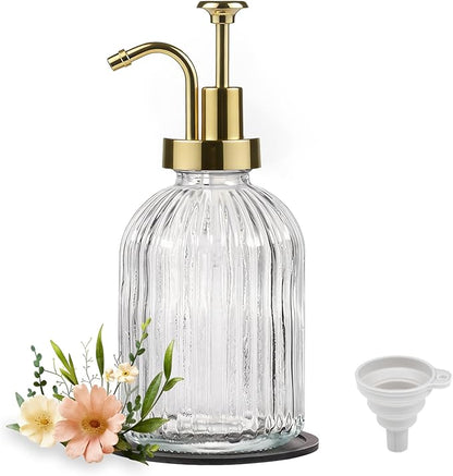 SheeChung Clear Glass Soap Dispenser, 12 Oz Liquid Hand Soap Dispenser with Pump, Refillable Lotion Dish Soap Dispenser for Kitchen, Stripes Shampoo Bottle, Bathroom Countertop (Gold Pump, 1 Pack)