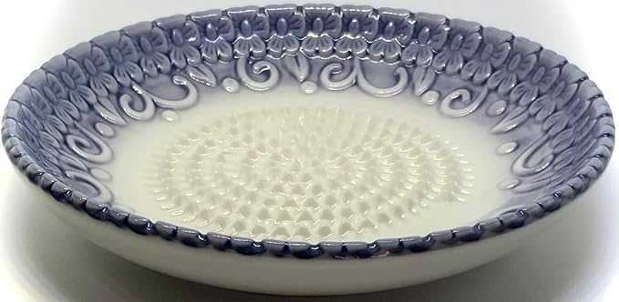 BonCera, All-in-one Premium Ceramic Garlic Grater Plate 4-Piece Set - Purple Embossed Design and Style - For Garlic, Ginger, Chocolate, and more! - Comes with 5.25" Plate, Peeler, Brush, and Stand - Image 4