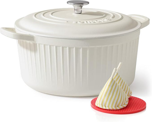 SENSARTE Enameled Cast Iron Dutch Oven Pot with Lid 3.5/5.5/6.5 Quart Heavy-Duty Round Dual Handles Kitchen Pot with Cotton Potholders & Silicone Trivet, Pot for Bread Baking, Stews, Braising, Roasting, Oven Safe, 6.5 Quart, White