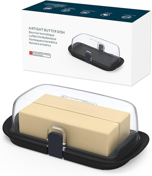 KITCHENDAO Large One-handed Butter Dish with Lid for Countertop, Airtight Butter Holder with One Press to Open/Close Secure Latching Buckle for East Coast/West Coast/European/Kerrygold Butter(Black)