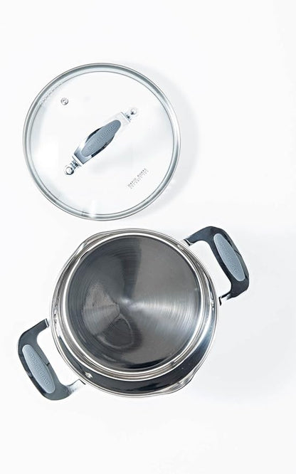 David Burke Gourmet Pro Stature Stainless Steel 4-Qt Sauce pot with Glass Straining Lid and Pour Spouts, EZ-Grip Riveted Handles for Durability and Control, Oven Safe - Brushed Gray