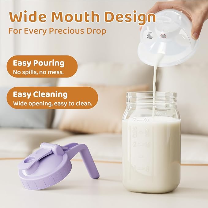 Breast Milk Pitcher, Mason Jar 32 oz, Heavy Duty Wide Mouth Jar with Purple Flip Cap Lid and Pour Spout, Formula Pitcher Airtight Seal for Freshness and Convenience, Great for Cold Beverages - Image 6