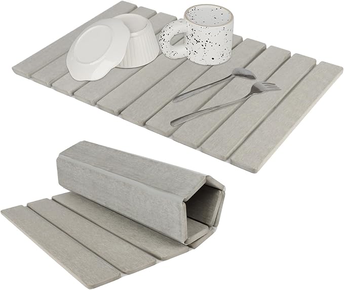 Large Stone Dish Drying Mat for Kitchen Counter, Eco-friendly, Instant Drying Pad,Diatomaceous Earth Water Absorbing Mat, Foldable and Super Absorbent Dish Drying Stone Mat, 24"×16", Warm Gray by Unknown