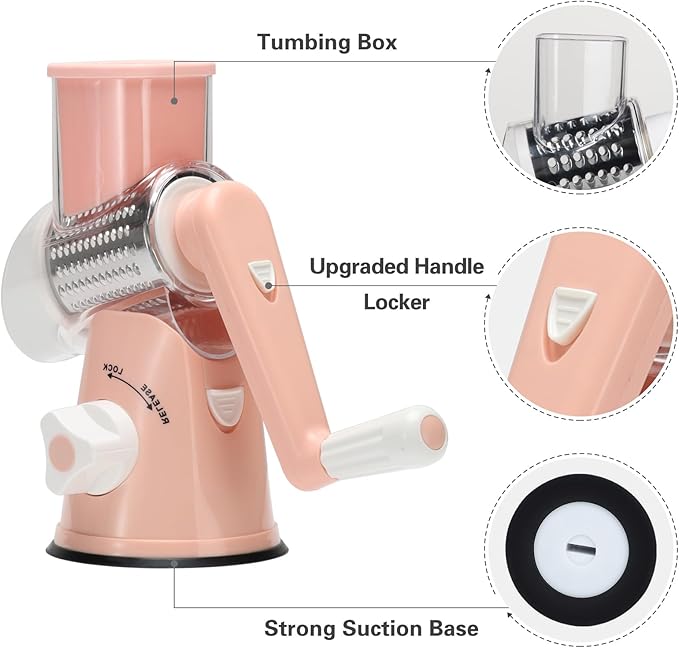 Cambom Rotary Cheese Grater Hand Crank Cheese Shredder for Fresh Cheese, Vegetable, Nuts,Non-slip Suction Base, Free Cleaning Brush Three Blades, Pink - Image 6