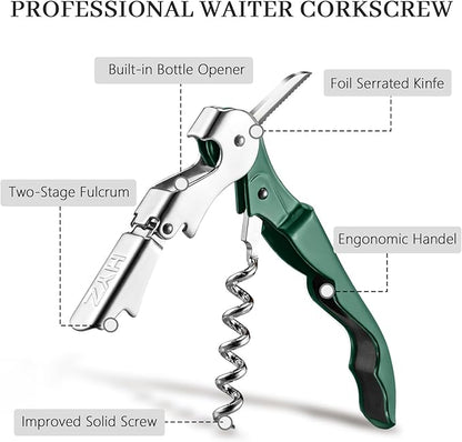 HYZ 2-Pack Wine Opener Waiter Corkscrew, Professional Wine Key for Servers, Bartender with Foil Cutter, Manual Wine Bottle Opener Double Hinged (Dark Green) - Image 2