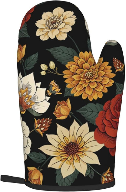 Boho Floral Oven Mitts and Pot Holders Sets of 2 Vintage Kitchen Mitts Bohemian Flower Hot Pads for Cooking Baking Grilling - Image 8