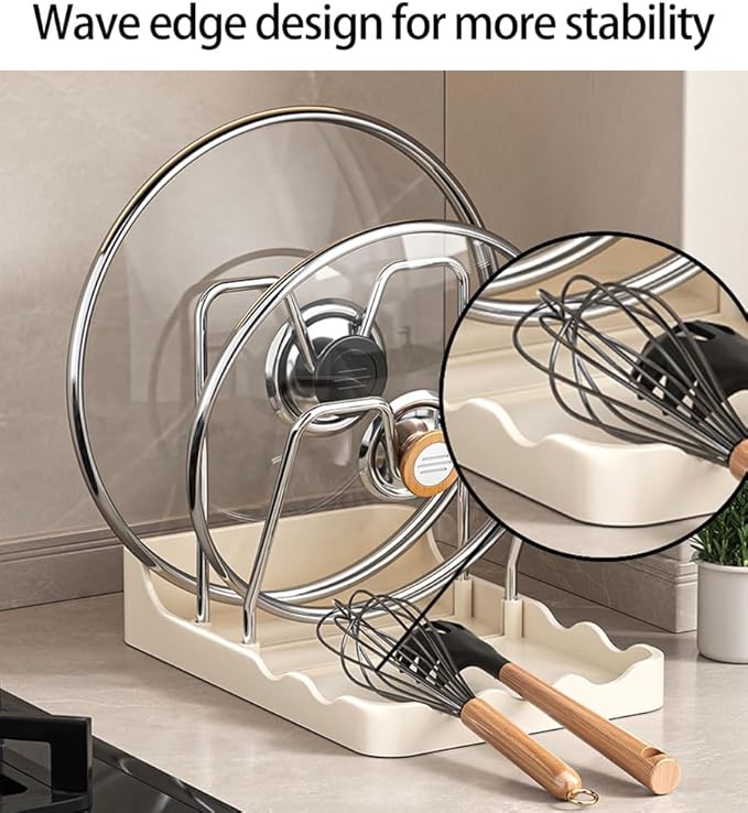 Pot lid Holder And Spoon Rest, 2 Layers Lid And Spoon Rest Pot Lid Organizer With Drip Tray, Multifunctional Utensils Pan Pot Cover Lid Rack Shelf for Pot Lids, Spatulas, Spoons (White)