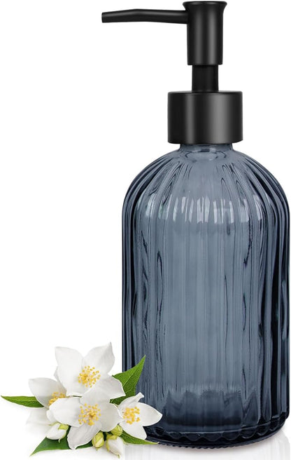 Topsky Stripe Glass Soap Dispenser with Black Plastic Pump, 400ml Liquid Hand Soap Dispenser, Rustproof Pump for Kitchen & Bathroom, Great for Lotions, Essential Oil, Liquid Soaps- (Grayish Blue) by HomeandKitchenNO1