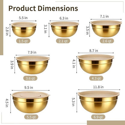 20 PCS Gold Mixing Bowls with Lids Set - 7 Mixing Bowls with 3 Graters, 8 Measuring Spoons, 1 Whisk, and 1 Food Tong, Nesting Bowl Set for Baking, Cooking, Meal Prep - Image 4