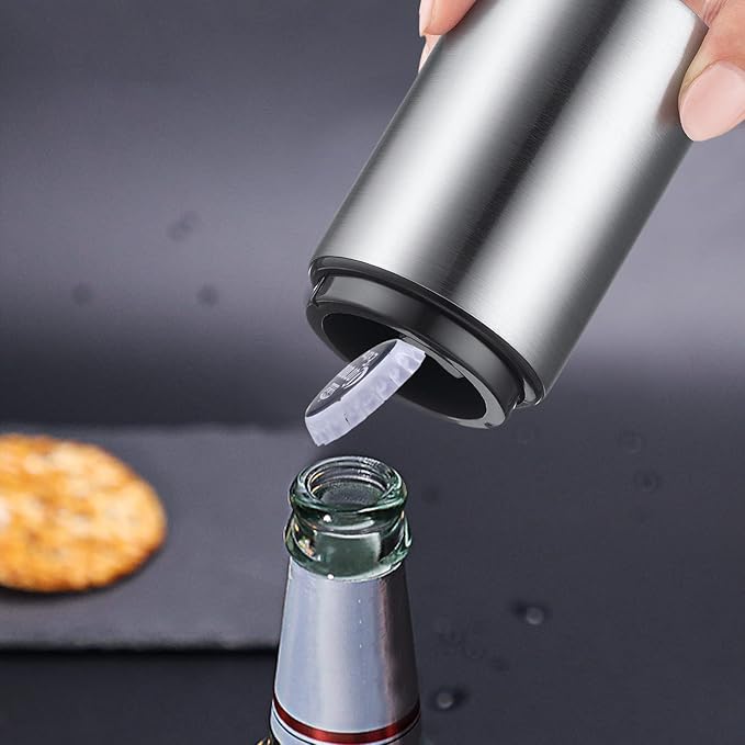 Premium Beer Bottle Opener (Silver), 1 PC Stainless Steel Automatic Push Down No Damage Quick to Open Small Portable Bottle Cap Openers for Home Bars Picnic Camping Hiking - Image 2