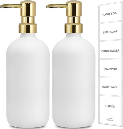 GMISUN White Soap Dispenser, 2 Pack Glass Hand Soap Dispensers Bathroom with Gold Pump, 17 Fl Oz Dish Soap Dispenser Set for Kitchen, Refillable Modern Liquid Soap and Lotion Dispensers Bottle by GMISUN