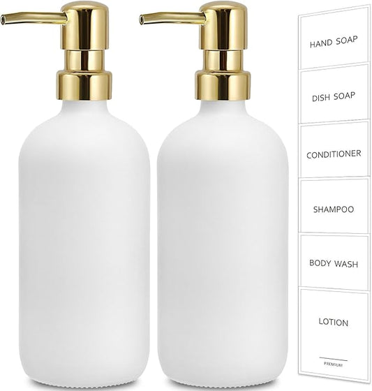 GMISUN White Soap Dispenser, 2 Pack Glass Hand Soap Dispensers Bathroom with Gold Pump, 17 Fl Oz Dish Soap Dispenser Set for Kitchen, Refillable Modern Liquid Soap and Lotion Dispensers Bottle by GMISUN