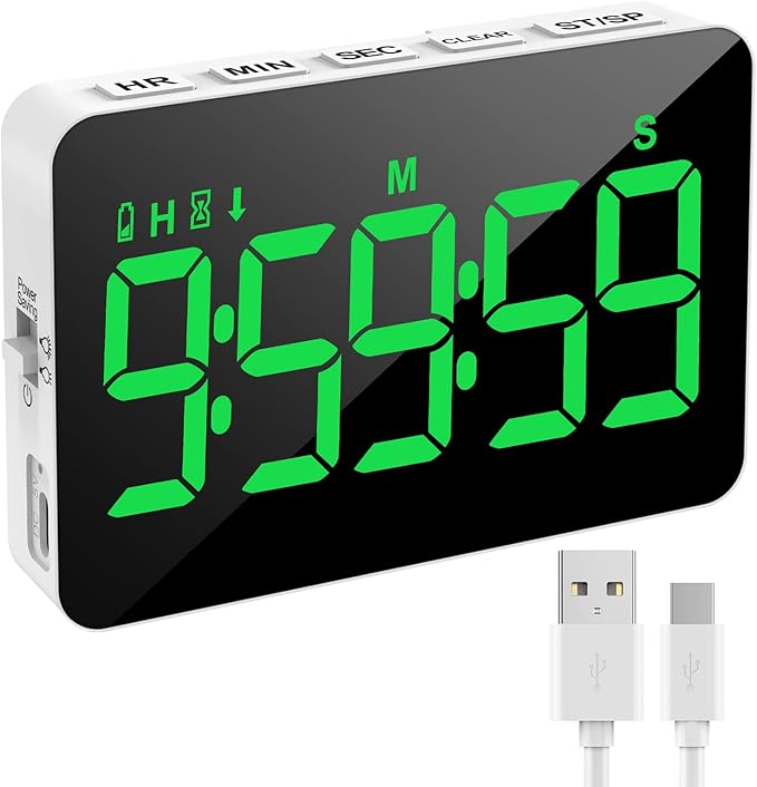 Rechargeable Digital Kitchen Timer for Cooking, Magnetic Timers with Countdown/up, Kids Timer with 5”LED Display 3 Brightness 4 Volume Adjustable for Classroom/Office/Home/Work/Fitness/Game(Green) by Samshowmakesyourkitchentechnologicalmodernandadvanced