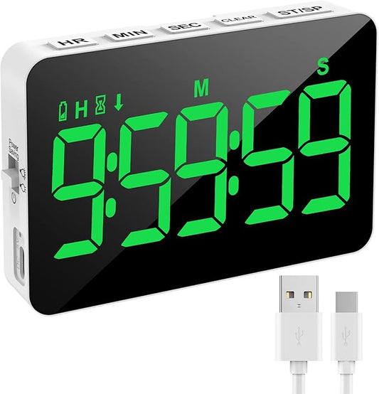 Rechargeable Digital Kitchen Timer for Cooking, Magnetic Timers with Countdown/up, Kids Timer with 5”LED Display 3 Brightness 4 Volume Adjustable for Classroom/Office/Home/Work/Fitness/Game(Green) by Samshowmakesyourkitchentechnologicalmodernandadvanced