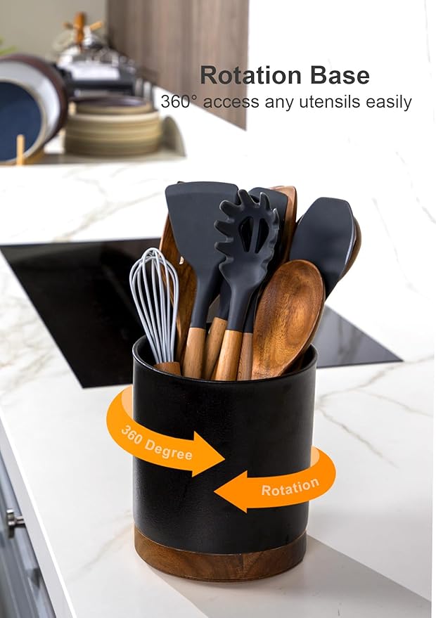 Nucookery 360°Rotating Utensil Holder, 7.2" Large Utensil Crock, White Ceramic Cooking Utensil Organizer,Farmhouse Kitchen Decor Christmas Thanksgiving Gift (Stone Black) - Image 5