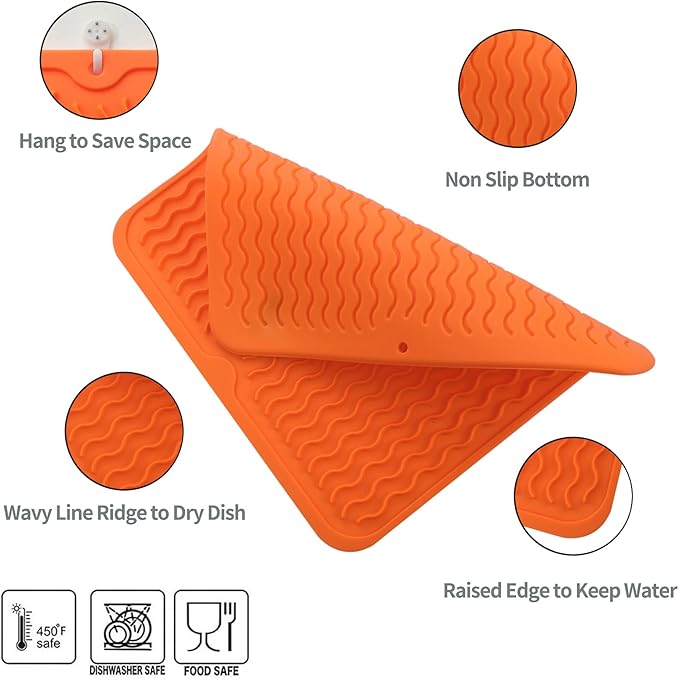 MicoYang Silicone Dish Drying Mat for Multiple Usage,Easy clean,Eco-friendly,Heat-resistant Silicone Mat for Kitchen Counter or Sink,Refrigerator or Drawer liner Orange M 12 inches x 12 inches - Image 3