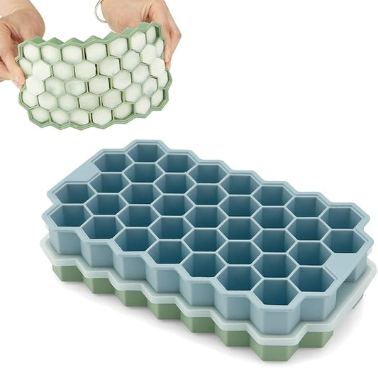 2 Pack Small Silicone Ice Cube Trays for Freezer with Lids, Emptycolor Honeycomb Ice Molds, Easy-Release Reusable Ice Maker Tray for Drinks, Coffee, Whiskey, Round & Pebble Ice Cubes, Blue Green
