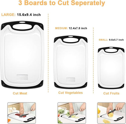 Plastic Cutting Board, 3 Pieces Dishwasher Safe Cutting Boards with Juice Grooves, Easy Grip Handle, Non-Slip, with Grinding Area for Grinding Garlic and Ginger（White） - Image 3