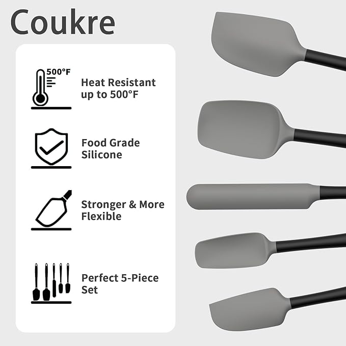 Coukre Silicone Spatula Set of 5,High Temperature Resistant, Food Grade Silicone, Dishwasher Safe, for Baking, Cooking (Gray Black) - Image 3
