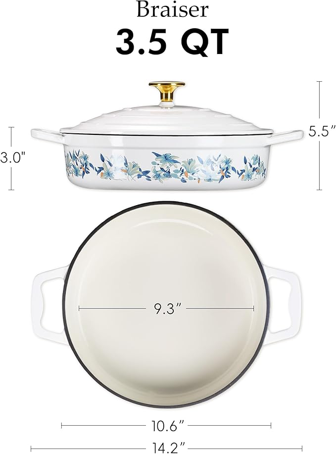 CAROTE 3.5QT Shallow Dutch Oven Enameled Cast Iron Braiser, White & Blue - Image 2