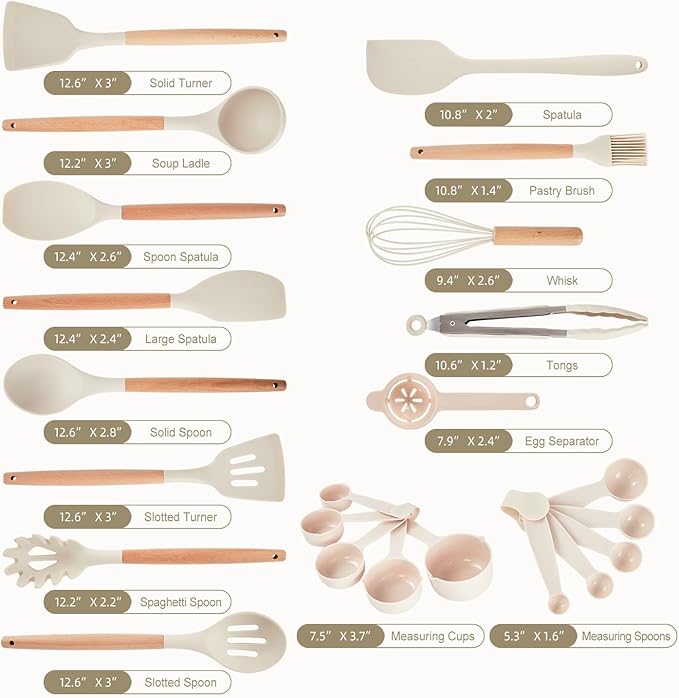Kitchen Utensils Set - 34 PCS Non-Stick Silicone Cooking Utensils Set Spatula Set with Holder, Wooden Handle Spoon,Brush,Whisk Kitchen Gadgets Tools Set for Nonstick Cookware (Cream White-34P) - Image 6