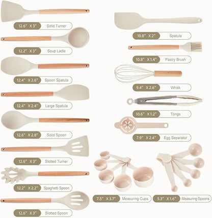 Kitchen Utensils Set - 34 PCS Non-Stick Silicone Cooking Utensils Set Spatula Set with Holder, Wooden Handle Spoon,Brush,Whisk Kitchen Gadgets Tools Set for Nonstick Cookware (Cream White-34P) - Image 6