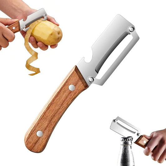 Premium Vegetable Peeler with Wooden Handle and Bottle Opener, 2-in-1 Multi-Functional Stainless Steel Kitchen Tool for Apple Potato Carrot Pumpkin Papaya(1PCS)