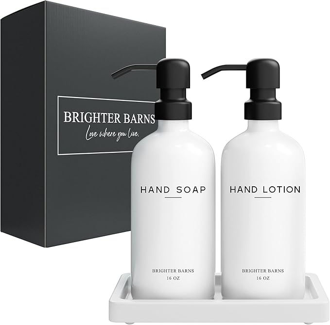 White Glass Soap and Lotion Dispenser Set with Tray by Brighter Barns - Hand Soap Dispenser Bathroom Set & Stainless Steel Pump for Home, Vacation Rental - Modern Bathroom Accessories & Decor (White) - Image 8