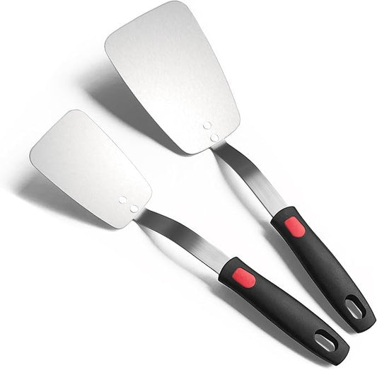 Stainless Steel Flexible Spatula Solid Turner, XiaoZu Thin Metal Spatula for Cast Iron Skillet, Thin Blade and Heat Resistant Silicone Handle, Great for Egg, Cookie, Meat, Crep, Medium + Large