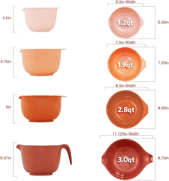 Glad Mixing Bowls with Pour Spout, Set of 4 - Nesting Plastic Bowls (1.2qt, 1.9qt, 2.8qt, and 3qt with Handle) - Non Slip Base, Dishwasher Safe Kitchen Cooking and Baking Supplies, Rust - Image 5