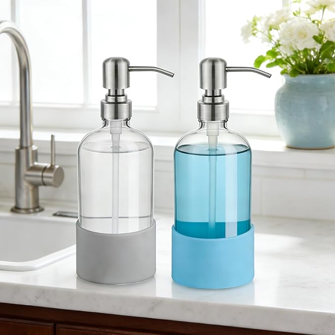 16 oz Hand and Dish Soap Dispenser Set for Kitchen and Bathroom, 500ml Clear Glass Soap Dispenser with Stainless Steel Pump, Non-Slip Silicone Sleeves, Labels - 2 Pack
