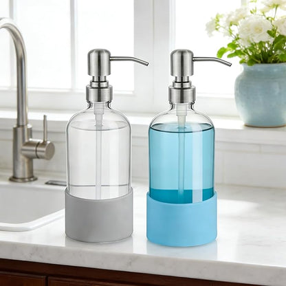 16 oz Hand and Dish Soap Dispenser Set for Kitchen and Bathroom, 500ml Clear Glass Soap Dispenser with Stainless Steel Pump, Non-Slip Silicone Sleeves, Labels - 2 Pack