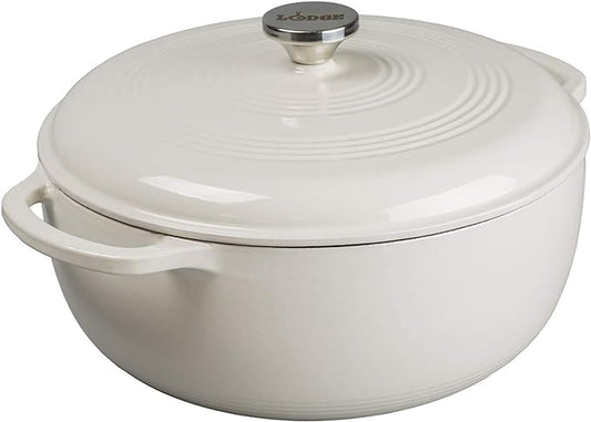 Lodge Essential Enamel Cast Iron Dutch Oven with Lid - Induction- Oven-Safe Enamel Cookware up to 500° F - Heat-Retaining Braising & Roasting Pot - Non-Toxic Cookware - 7.5 Quart, Oyster White by Lodge