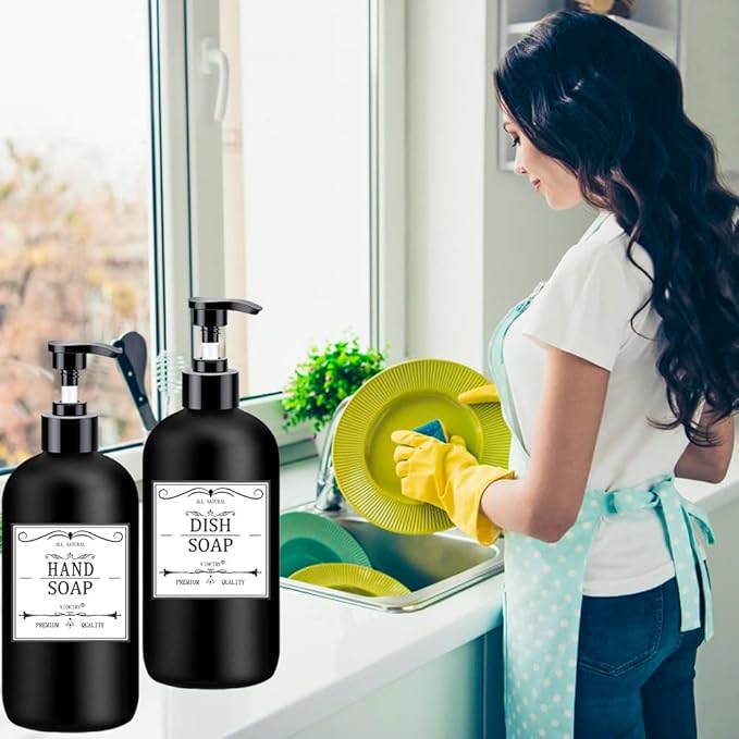 Black Soap Dispenser with Rust Proof Pump, Waterproof Labels (2 Pack,16 Oz), Plastic Hand Soap Dish Soap Dispenser for Kitchen, Premium Thick Soap Pump Bottles - Image 3