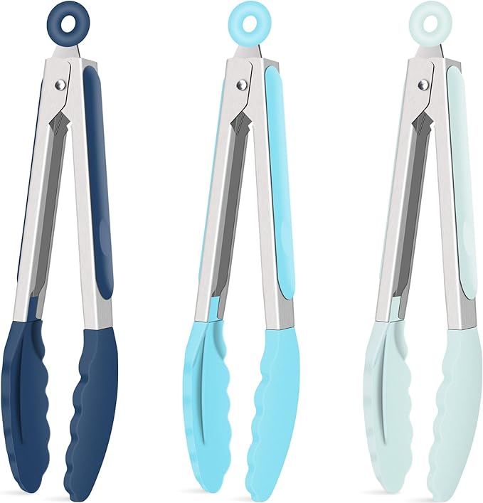 Hotec Silicone Kitchen Tongs for Cooking 9-Inch Serving Tongs with Silicone Tips, Set of 3 (Gradient Blue) by Hotec