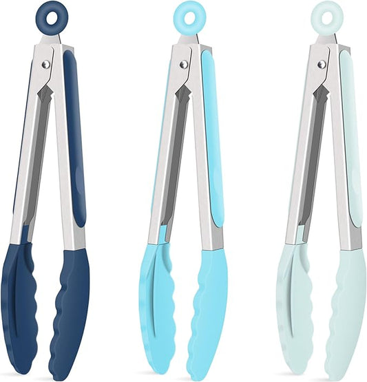 Hotec Silicone Kitchen Tongs for Cooking 9-Inch Serving Tongs with Silicone Tips, Set of 3 (Gradient Blue) by Hotec