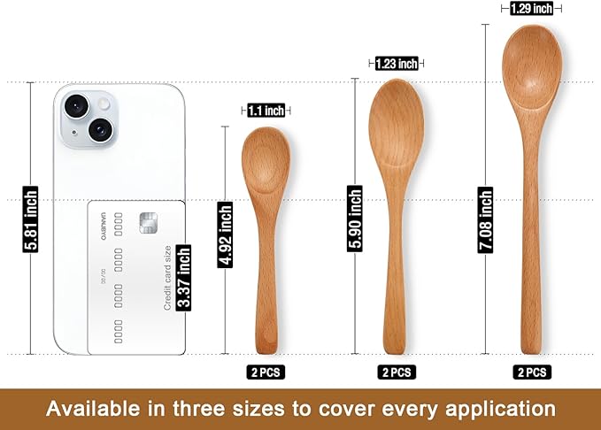 6 Piece Small Wooden Spoons Set - Premium Beech Wood Spoons in 3 Sizes (4.9", 5.9", 7.1") for Honey, Tea, Coffee, Multi-Purpose Mini Teaspoons Utensils for Ice Cream and Soup - Image 2