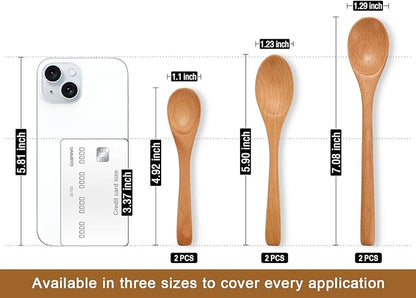 6 Piece Small Wooden Spoons Set - Premium Beech Wood Spoons in 3 Sizes (4.9", 5.9", 7.1") for Honey, Tea, Coffee, Multi-Purpose Mini Teaspoons Utensils for Ice Cream and Soup - Image 2