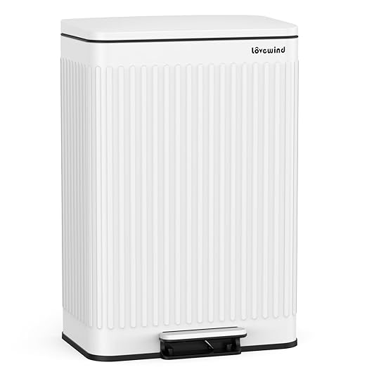 Lovewind 60 Liter/ 16 Gallon Stainless Steel Trash Can with Soft-Close Lid, Large Footstep Garbage Can with Roman Texture, Removable Inner Buckets, Recycling Bin for Kitchen Office, White