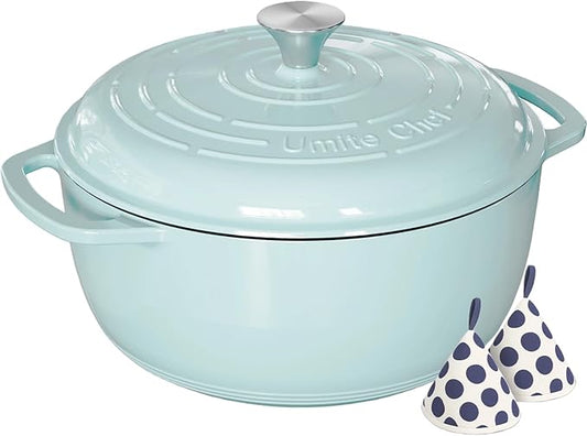 Umite Chef 6QT Enameled Cast Iron Dutch Oven with Lid, Versatile Heavy-Duty Cookware Pot for Baking Bread, Braising, Soups & Stews, Oven & Stovetop Safe with Heat Resistant Gloves（Blue） by UmiteChef