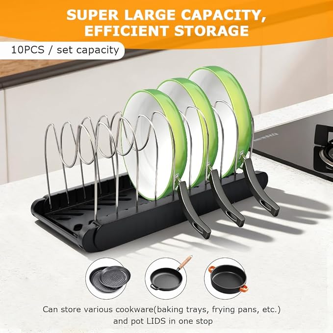 Expandable Pot and Pan Organizer Rack for Kitchen Cabinet or Under Sink,with 10 Adjustable Compartment 13"-23" Adjustable Length for Lids Bakeware Frying Rack and Cookware(COLOR:Black)