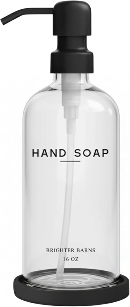 Glass Hand Soap Dispenser Bathroom Set by Brighter Barns - Bathroom Soap Dispenser Set - Refillable Pump Bottle with Tray - Neutral Home Decor for Airbnb, Hotel, Vacation Rental, Restaurants (Clear) by BrighterBarns