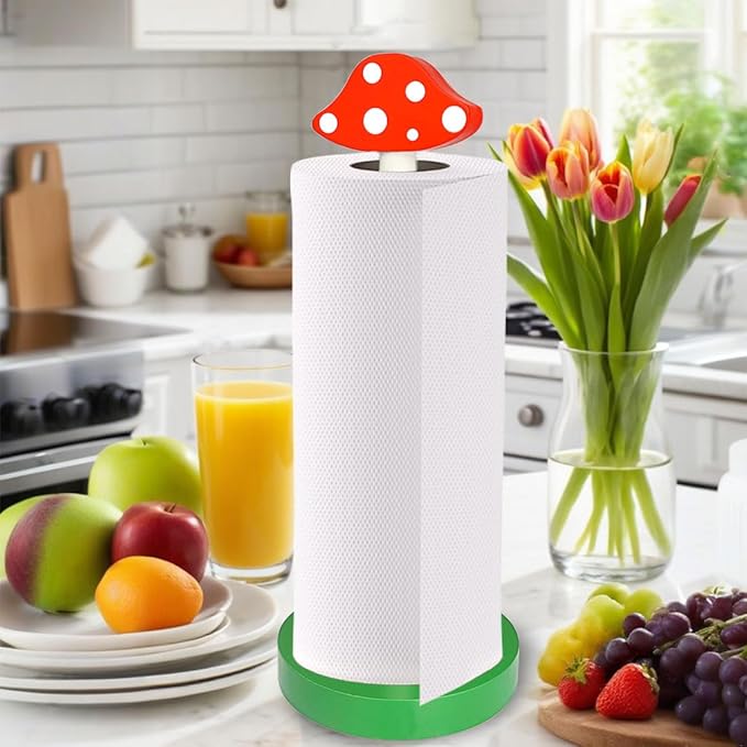Modern Wooden Paper Towel Holder Stand - Beautiful Mushroom Design with Anti-Skid Base, Easy No-Tool Assembly for Kitchen Countertop, Bathroom, Office - Natural Home Decor