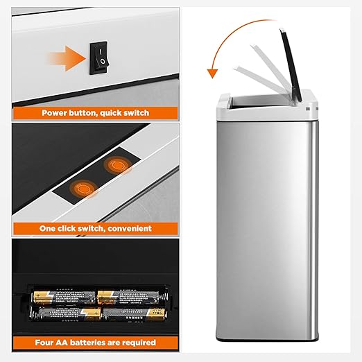 BestOffice 13 Gallon(50L) Trash Can Stainless Steel Kitchen Garbage Can with Automatic Sensing Cover Anti-Fingerprint for Home Office Bathroom Bedroom Kitchen Trash Can with Lid Waste Bin - Image 4