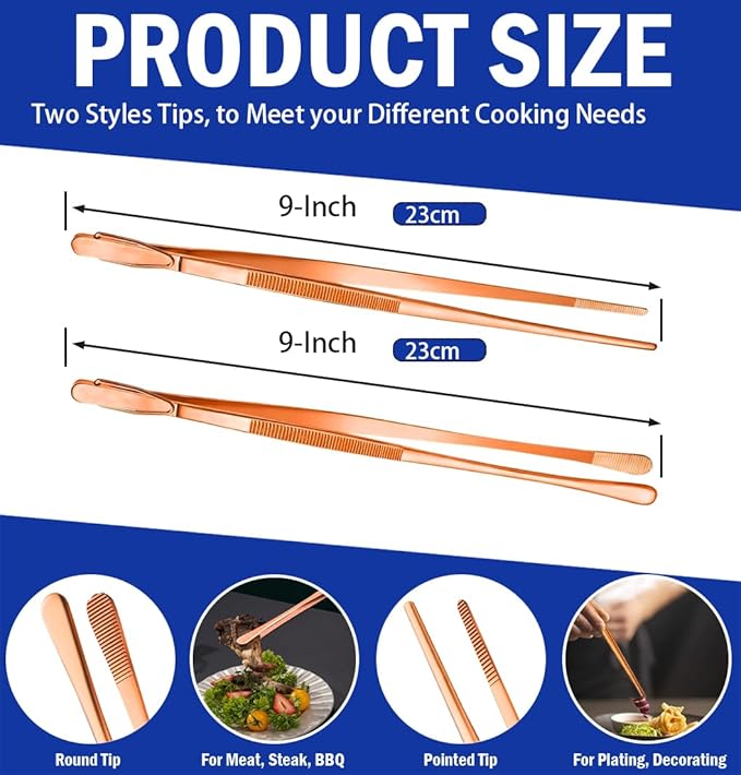 JETKONG 2 Pcs 9-Inch Kitchen Tweezers Cooking Tweezer Tongs Stainless Steel Food Tweezers (Rose Gold) - Image 3