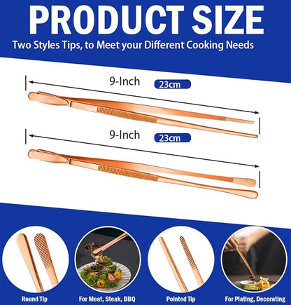 JETKONG 2 Pcs 9-Inch Kitchen Tweezers Cooking Tweezer Tongs Stainless Steel Food Tweezers (Rose Gold) - Image 3