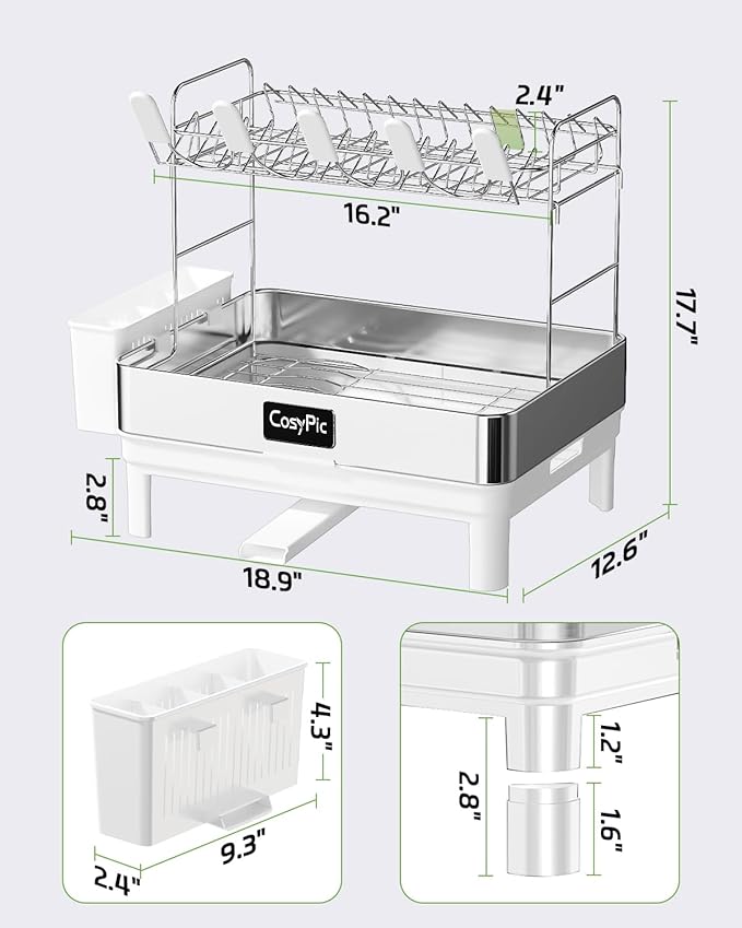 2 Tier Dish Drying Rack, Thicker Premium 304 Stainless Steel Dish Racks for Kitchen Counter, Automatic Drainage Spout, Dish Drainer & Drainboard Set with Utensil Holder and Cup Holder, White - Image 6