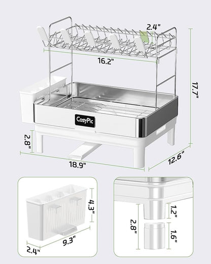 2 Tier Dish Drying Rack, Thicker Premium 304 Stainless Steel Dish Racks for Kitchen Counter, Automatic Drainage Spout, Dish Drainer & Drainboard Set with Utensil Holder and Cup Holder, White - Image 6