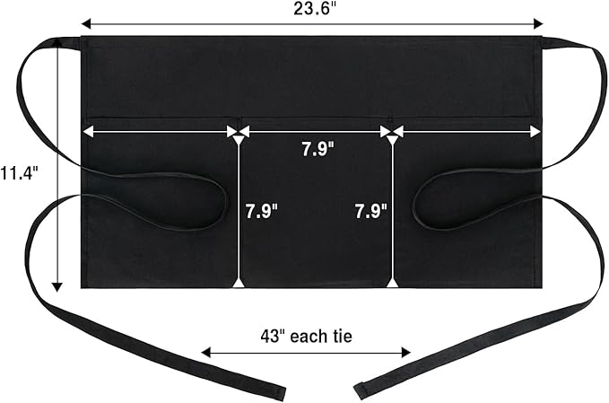 BOHARERS 3 Pockets Waitress Apron 12 Pack Cotton Server Apron Black Half Aprons for Men & Women Waterproof and Oil Proof